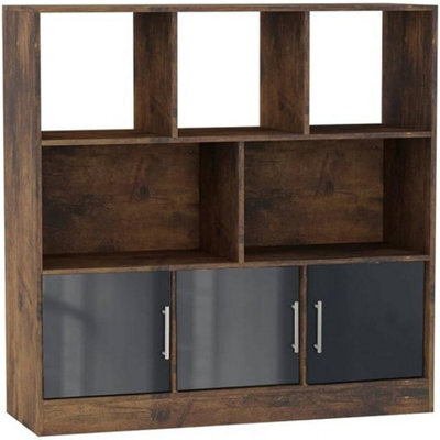 Urbn-Living Urbnliving Asymmetrical 8 Cube Rustic Brown Bookcase Freestanding Storage Unit With 3 Gloss Doors - Grey - image 1