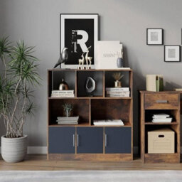 Urbn-Living Urbnliving Asymmetrical 8 Cube Rustic Brown Bookcase Freestanding Storage Unit With 3 Gloss Doors - Grey - thumbnail 4