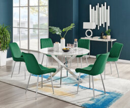 Furniturebox Novara White Marble Effect 120Cm Round Dining Table With Chrome Starburst Legs & 6 Green Velvet Pesaro Chairs