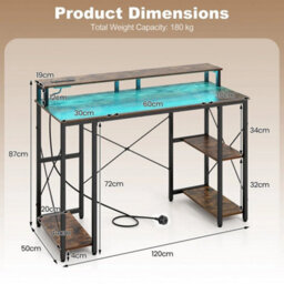 120 Cm Desk With Charging Station And Led Lights Workstation Gaming Table - thumbnail 2