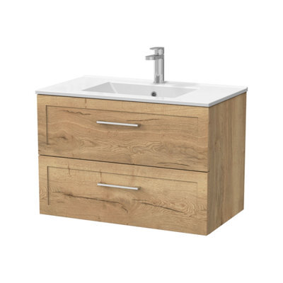 Balterley Stonnall Traditional Wall Hung 2 Drawers Vanity Unit With Minimalist Ceramic Basin, 800mm, Autumn Oak - image 1