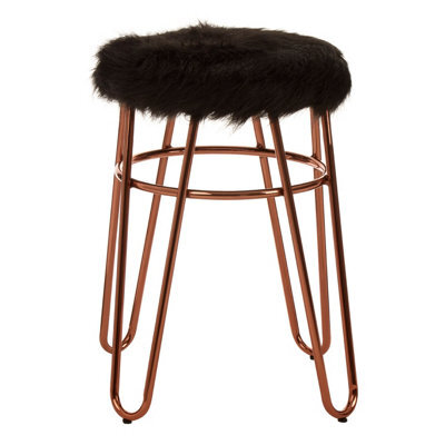 Orsina Rose Gold Metal And Black Faux Fur Stool, Small Hairpin Round Stool, Lightweight Fur Stool For Lounge - image 1