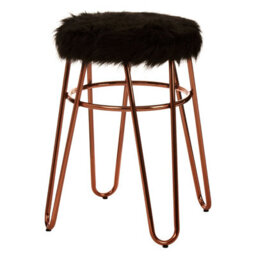 Orsina Rose Gold Metal And Black Faux Fur Stool, Small Hairpin Round Stool, Lightweight Fur Stool For Lounge - thumbnail 2