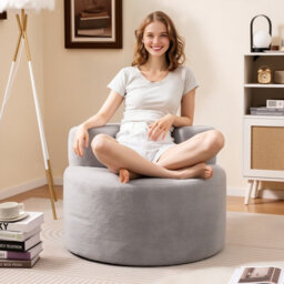 Costway Bean Bag Chair Moon-Shaped Floor Single Sofa Chair W/ Teddy Fleece-Grey - thumbnail 1