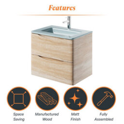 Plum&clay Eden Light Oak Wall Hung Vanity Unit With White Glass Basin (W)600mm - thumbnail 8