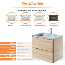 Plum&clay Eden Light Oak Wall Hung Vanity Unit With White Glass Basin (W)600mm - thumbnail 7