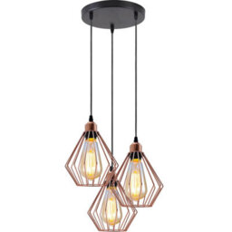 Ledsone 3 Way Rose Gold Modern Retro Ceiling Pendant Light With E27 Bulb And Diamond Cage Shade