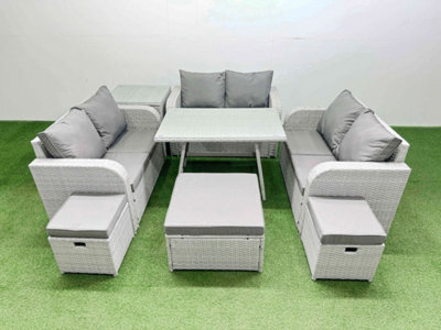 Fimous Rattan Garden Furniture Dining Set 9-Seater Patio Rectangular Table Love Sofa Set With Side Table 3 Stools - image 1