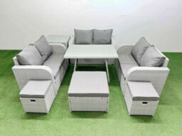 Fimous Rattan Garden Furniture Dining Set 9-Seater Patio Rectangular Table Love Sofa Set With Side Table 3 Stools - thumbnail 2