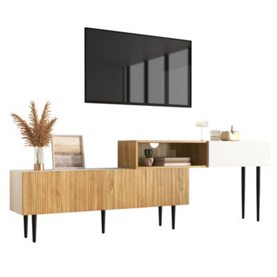 Btm Tv Cabinet Adjustable Length Modular 2 Part Wood Look Matte White Black Metal Legs Multifunctional Living Room Furniture - image 1