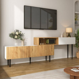 Btm Tv Cabinet Adjustable Length Modular 2 Part Wood Look Matte White Black Metal Legs Multifunctional Living Room Furniture - thumbnail 7