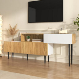 Btm Tv Cabinet Adjustable Length Modular 2 Part Wood Look Matte White Black Metal Legs Multifunctional Living Room Furniture - thumbnail 4