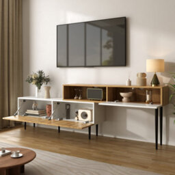 Btm Tv Cabinet Adjustable Length Modular 2 Part Wood Look Matte White Black Metal Legs Multifunctional Living Room Furniture - thumbnail 8