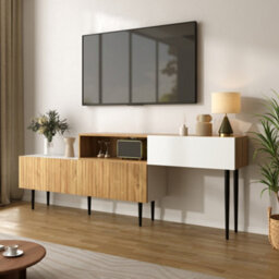 Btm Tv Cabinet Adjustable Length Modular 2 Part Wood Look Matte White Black Metal Legs Multifunctional Living Room Furniture - thumbnail 9