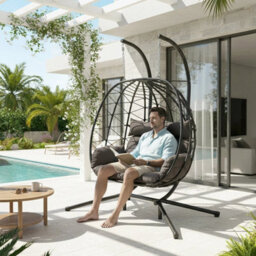 Foldable Hanging Basket, 2-Person Egg Chair, Pe Rattan Chair, Including Cushion. - thumbnail 5