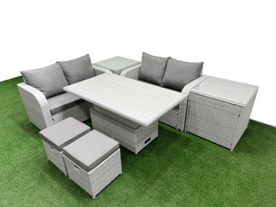 Fimous 6 Seater Outdoor Love Sofa Set Rattan Garden Furniture Set Adjustable Lifting Table 2 Small Stools 2 Side Tables Light Grey - image 1
