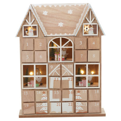 Urbn-Living Urbnliving 37Cm Height Brown & White Wooden House Advent Calendar Christmas Xmas Santa Led Lights 24 Drawer Countdown - image 1