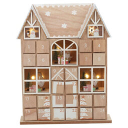 Urbn-Living Urbnliving 37Cm Height Brown & White Wooden House Advent Calendar Christmas Xmas Santa Led Lights 24 Drawer Countdown - thumbnail 1