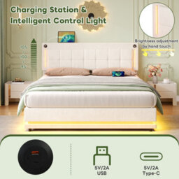 Matteo King Size Velvet Ottoman Bed Frame, Rgb Led, Hydraulic Storage, Usb & Type-C Charge, Adj. Tufted Headboard - Beige - thumbnail 6
