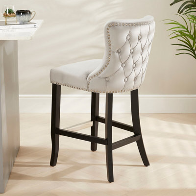 The Furniture Market Boudoir Light Grey Velvet Button Back Kitchen Counter Bar Stool Wing Back Design Stud Detailing Black Legs Chrome Foot Bar - image 1