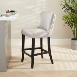 The Furniture Market Boudoir Light Grey Velvet Button Back Kitchen Counter Bar Stool Wing Back Design Stud Detailing Black Legs Chrome Foot Bar - thumbnail 2