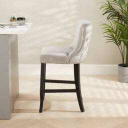 The Furniture Market Boudoir Light Grey Velvet Button Back Kitchen Counter Bar Stool Wing Back Design Stud Detailing Black Legs Chrome Foot Bar - thumbnail 3