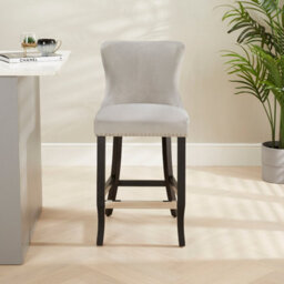 The Furniture Market Boudoir Light Grey Velvet Button Back Kitchen Counter Bar Stool Wing Back Design Stud Detailing Black Legs Chrome Foot Bar - thumbnail 5