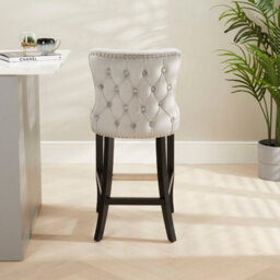 The Furniture Market Boudoir Light Grey Velvet Button Back Kitchen Counter Bar Stool Wing Back Design Stud Detailing Black Legs Chrome Foot Bar - thumbnail 4