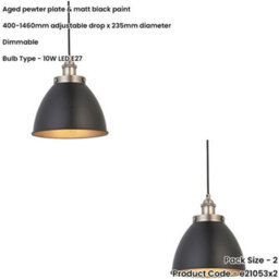 Loops 2 Pack Hanging Ceiling Pendant Light - Small - Aged Pewter Plate & Matt Black Paint - 10W Led E27 - thumbnail 2