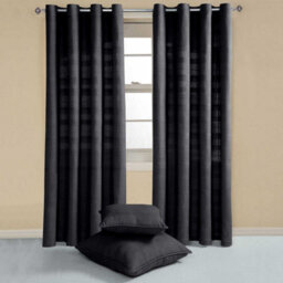 "Homescapes Cotton Rajput Ribbed Black Curtain Pair, 66 X 72"" Drop" - thumbnail 2