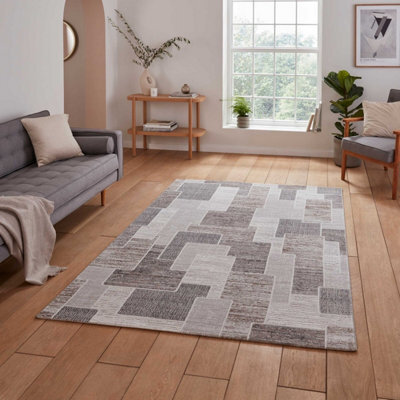 Beige Brown Geometric 8mm Pile Stain-Resistant Rug For Bedroom, Dining Room, Easy To Clean Modern Rug-120Cm X 170Cm - image 1