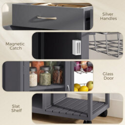 Homcom Bamboo Kitchen Island With Glass Door, 2 Metal Wire Baskets, Grey - thumbnail 7