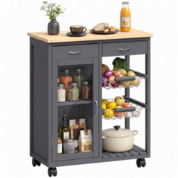Homcom Bamboo Kitchen Island With Glass Door, 2 Metal Wire Baskets, Grey - thumbnail 2