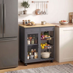 Homcom Bamboo Kitchen Island With Glass Door, 2 Metal Wire Baskets, Grey - thumbnail 9