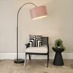 Valuelights Louis Black Arched Curved Floor Lamp With Blush Pink Velvet Drum Lamp Shade