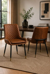 Leather Steel Dining Chairs Set Of 2 Tan Diamond Quilted