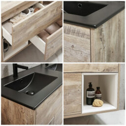 Homestylestore Light Oak 1212mm Wall Hung Bathroom Vanity Unit Open Shelf And Graphite Basin - thumbnail 2