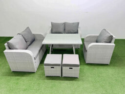 Fimous 7 Seater Outdoor Rattan Garden Furniture Set With Rectangular Dining Table 2 Small Footstools Light Grey - thumbnail 2