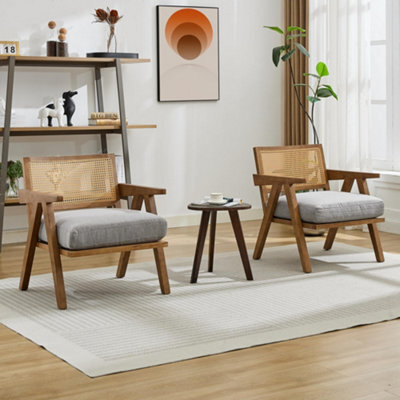 2Pcs Rattan Armchairs Linen Fabric Accent Chairs With Padded Seat - Grey/brown - image 1