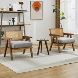 2Pcs Rattan Armchairs Linen Fabric Accent Chairs With Padded Seat - Grey/brown