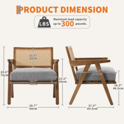 2Pcs Rattan Armchairs Linen Fabric Accent Chairs With Padded Seat - Grey/brown - thumbnail 2