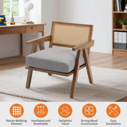 2Pcs Rattan Armchairs Linen Fabric Accent Chairs With Padded Seat - Grey/brown - thumbnail 3