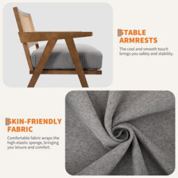 2Pcs Rattan Armchairs Linen Fabric Accent Chairs With Padded Seat - Grey/brown - thumbnail 4