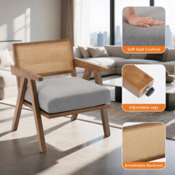 2Pcs Rattan Armchairs Linen Fabric Accent Chairs With Padded Seat - Grey/brown - thumbnail 5