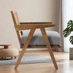2Pcs Rattan Armchairs Linen Fabric Accent Chairs With Padded Seat - Grey/brown - thumbnail 6