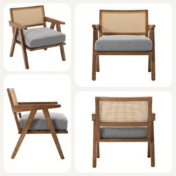 2Pcs Rattan Armchairs Linen Fabric Accent Chairs With Padded Seat - Grey/brown - thumbnail 7
