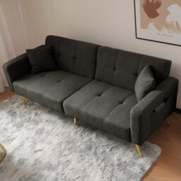 Btm Floding Sofa Bed With Sherpa Fabric Sturdy Wooden Frame,  2 Cushions And Side Storage Pockets Grey For Living And Bedroom - thumbnail 9