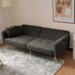 Btm Floding Sofa Bed With Sherpa Fabric Sturdy Wooden Frame,  2 Cushions And Side Storage Pockets Grey For Living And Bedroom - thumbnail 6