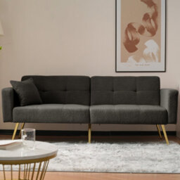 Btm Floding Sofa Bed With Sherpa Fabric Sturdy Wooden Frame,  2 Cushions And Side Storage Pockets Grey For Living And Bedroom