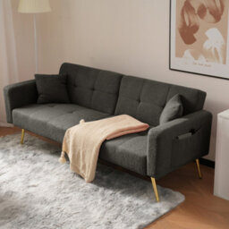 Btm Floding Sofa Bed With Sherpa Fabric Sturdy Wooden Frame,  2 Cushions And Side Storage Pockets Grey For Living And Bedroom - thumbnail 3